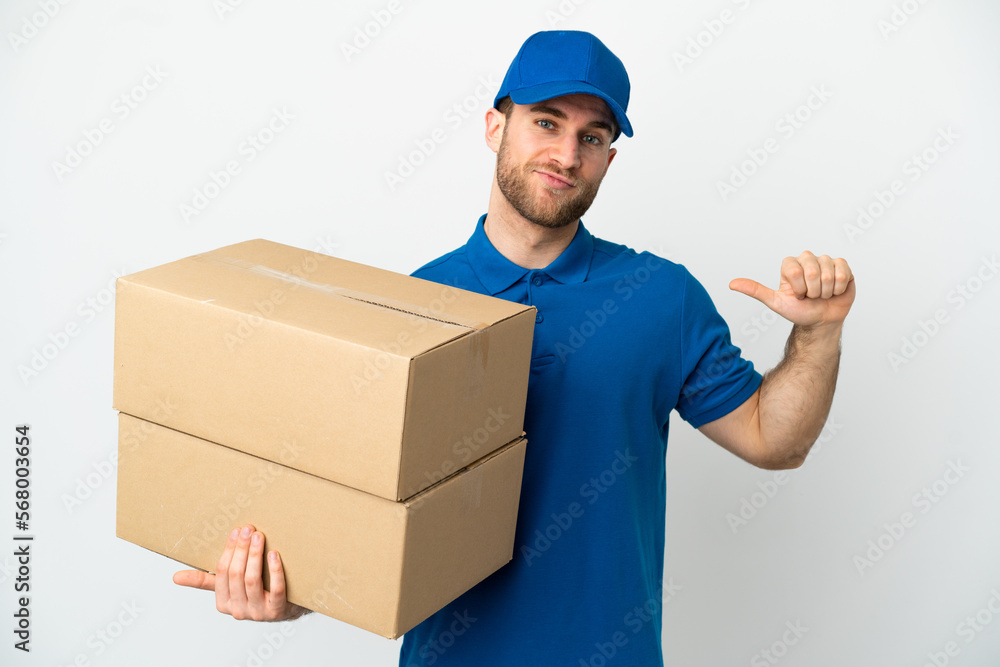 Delivery man over isolated white background proud and self-satisfied Delivery man over isolated white background proud and self-satisfied