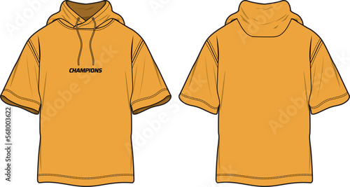 Hoodie t-shirt design flat sketch Illustration, short sleeve Hooded sweatshirt with front and back view, winter jacket for Men and women. Casual hoodie t shirt for winter