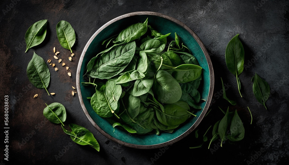 Obraz premium Fresh spinach leaves in bowl on table top view
