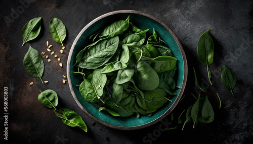 Fresh spinach leaves in bowl on table top view