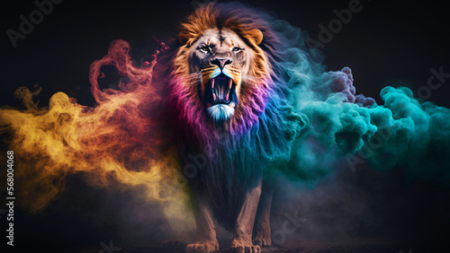lion in the night  african wildlife  lone hunter  colorful smoke  generative ai