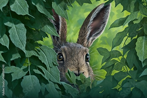 Hare peeks out from around green leaves, concept of Camouflage and Curiosity, created with Generative AI technology