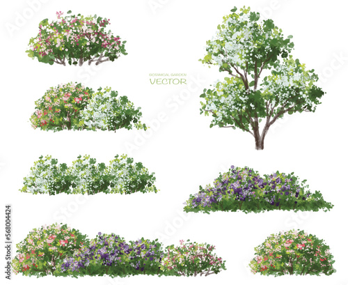 Vector watercolor blooming flower tree side view isolated on white background for landscape and architecture drawing, elements for environment and garden,botanical elements for section in spring 