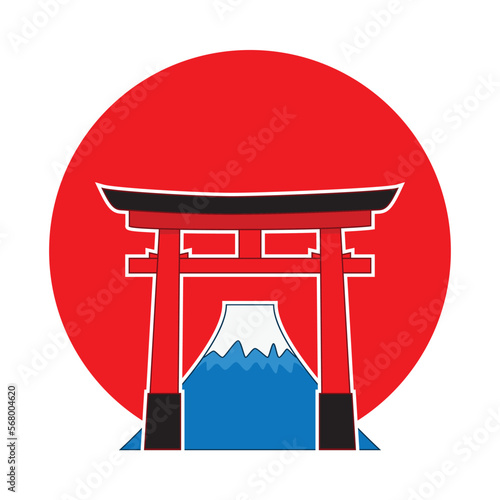 Symbols of Japan with famous Torii Shinto shrine gate background with Fuji mountain and the sun drawing in cartoon vector
