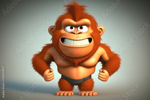 Cute 3D cartoon of orangutan character. Generative AI