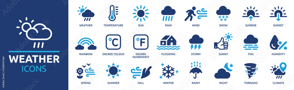 Naklejka premium Weather icon set. Containing temperature, sun, rain, snow, cloud, humidity, summer, winter, spring, cloudy and rainy season. Climate symbol. Solid icon collection.