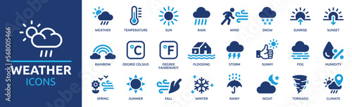Weather icon set. Containing temperature, sun, rain, snow, cloud, humidity, summer, winter, spring, cloudy and rainy season. Climate symbol. Solid icon collection. photo