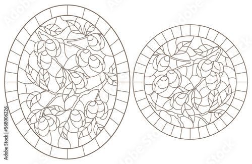 Set contour illustrations of stained glass, the branch of a plum tree with ripe fruits, dark contour on white background