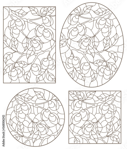 Set contour illustrations of stained glass, the branch of a plum tree with ripe fruits, dark contour on white background