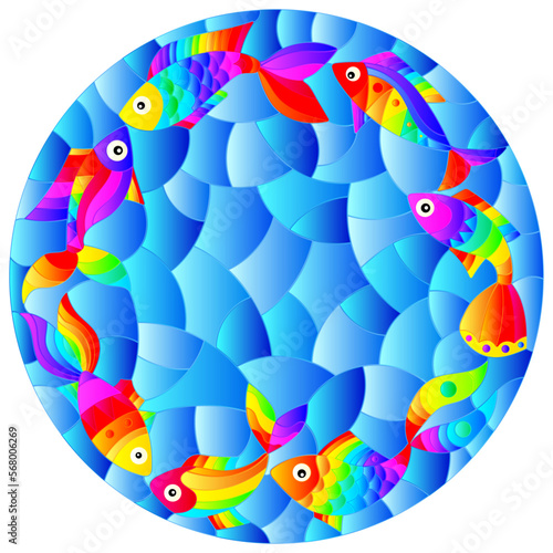 Illustration in stained glass style with bright rainbow abstract fish on a blue background, round image