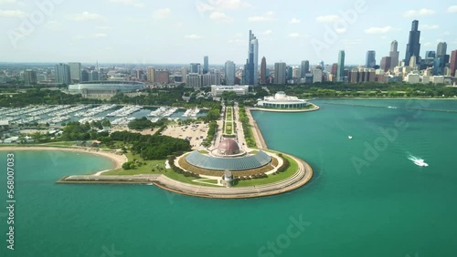 Chicago skyline aerial drone view from above, Adler Planetarium, lake Michigan, city of Chicago downtown skyscrapers cityscape. photo