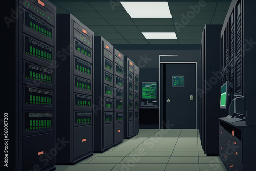 Interior of a contemporary server room with black computer cabinets. Generative AI