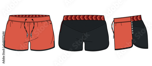 Running trail Shorts jersey design vector template, Short shorts concept with front and back view for Kick boxing, fight, wrestling, martial arts and tracking active wear shorts design.