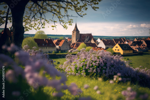 A picture of the charming and old village of Avenches with a foreground of wildflowers. Generative AI photo