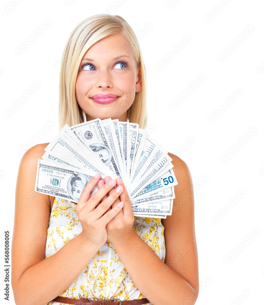 Budget, deal and woman with dollars thinking and planning shopping or finance loan investment isolated on white background. Cash, discount and smile, money for financial freedom or bonus in studio. Budget, deal and woman with dollars thinking and planning shopping or finance loan investment isolated on white background. Cash, discount and smile, money for financial freedom or bonus in studio.