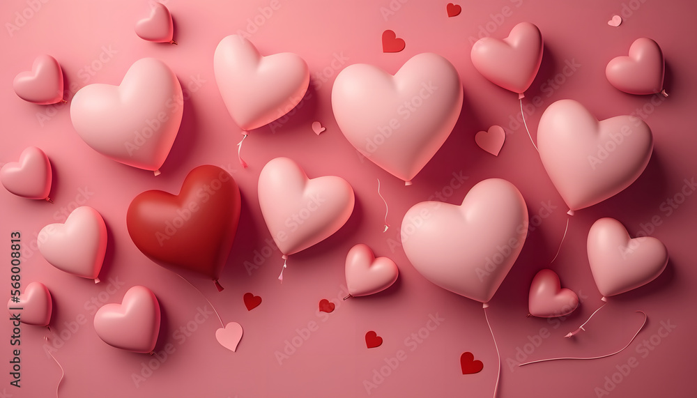 Heart-shaped balloons on a pink background, flat lay with space for text. Valentine's Day Celebration Heart-shaped balloons on a pink background, flat lay with space for text. Valentine's Day Celebration