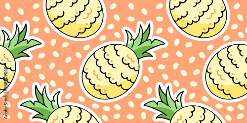 Cute cartoon pineapple, vector seamless pattern in the style of doodles, hand drawn