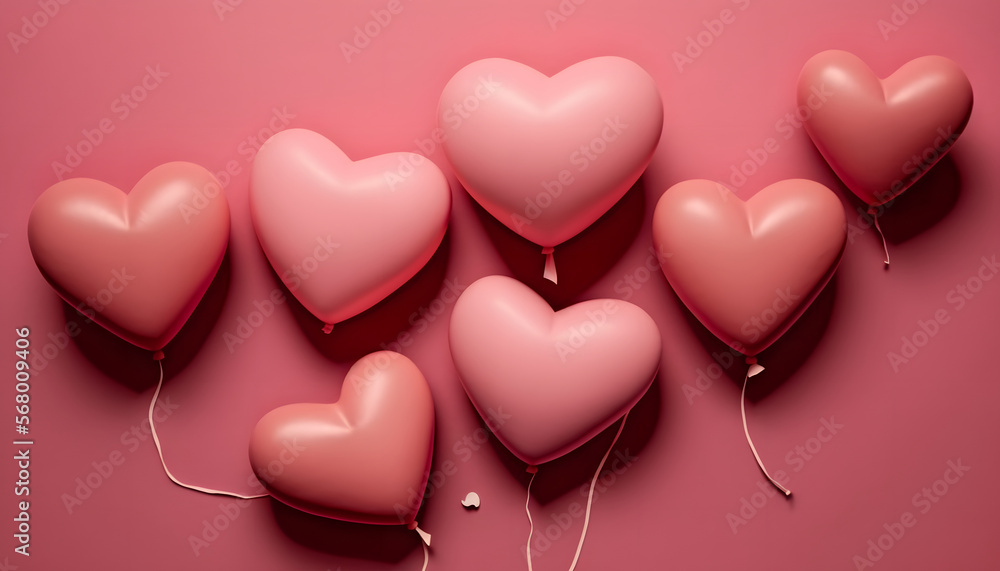 Heart-shaped balloons on a pink background, flat lay with space for text. Valentine's Day Celebration Heart-shaped balloons on a pink background, flat lay with space for text. Valentine's Day Celebration