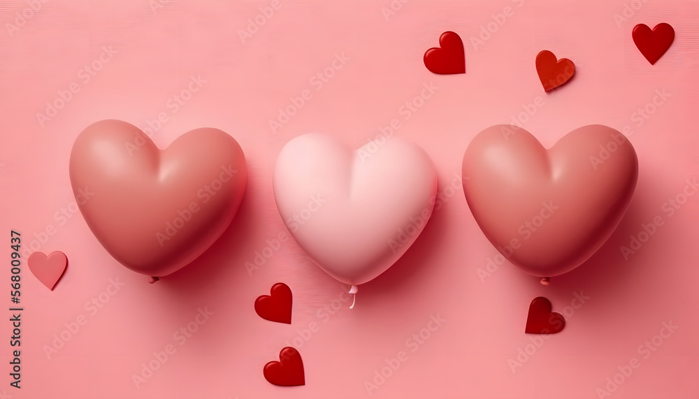 Heart-shaped balloons on a pink background, flat lay with space for text. Valentine's Day Celebration