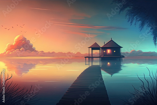 Calm Sunset over the Water, Huts, Bungalows, Moon, Generative AI © Mowgli