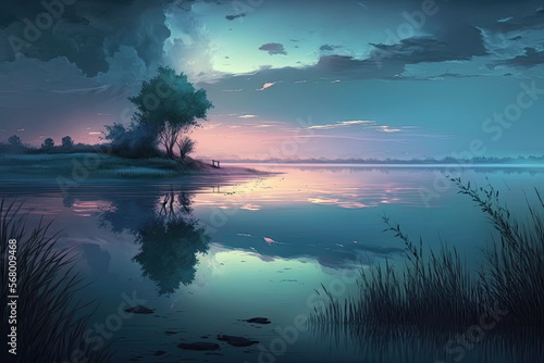 Calm Sunset over the Water on the Beach, Trees and Plants, Generative AI