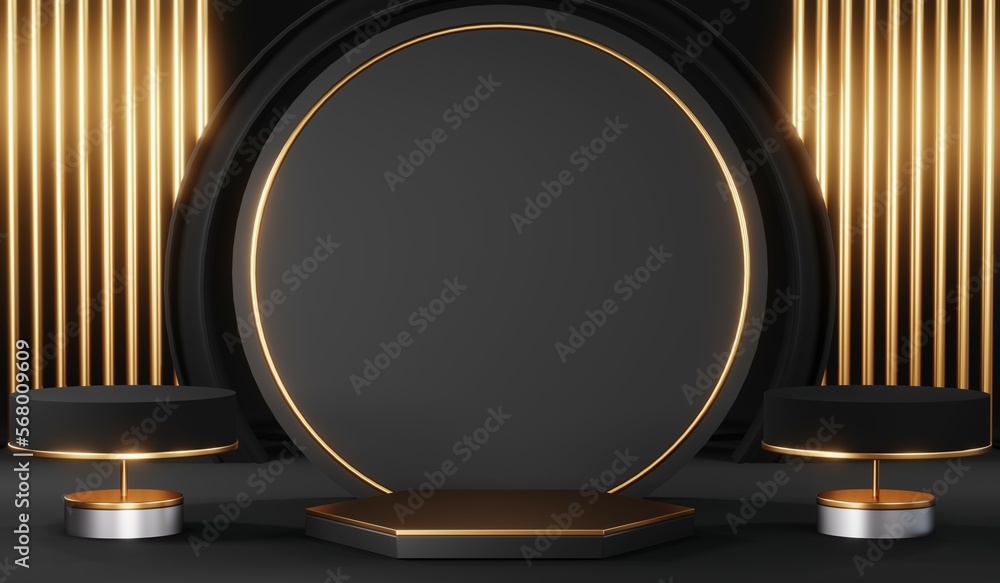 3d render of abstract realistic studio room with Luxury round pedestal stand podium with golden glitter in shape backdrop. Luxury black friday sale scene for product display presentation background
