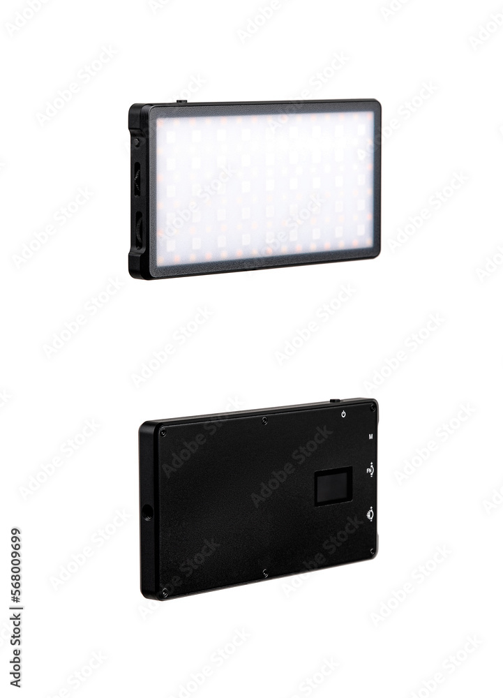 A small portable LED panel on the battery. Lighting device for photo and video filming. Isolate on a white back. A small portable LED panel on the battery. Lighting device for photo and video filming. Isolate on a white back.