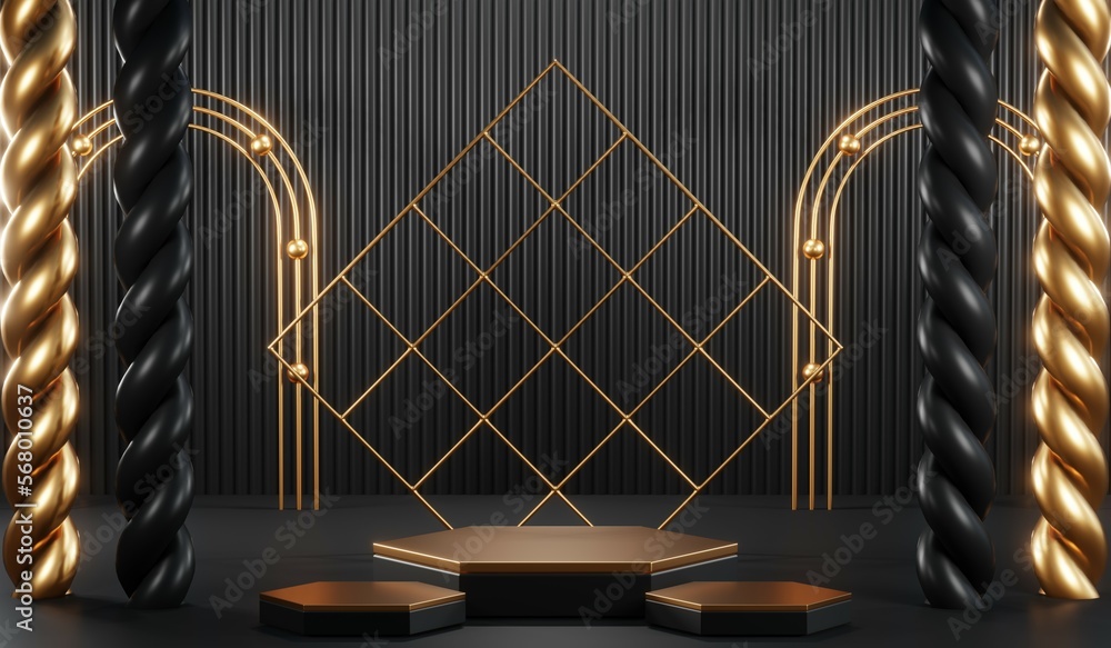 3d render of abstract realistic studio room with Luxury round pedestal stand podium with golden glitter in shape backdrop. Luxury black friday sale scene for product display presentation background 3d render of abstract realistic studio room with Luxury round pedestal stand podium with golden glitter in shape backdrop. Luxury black friday sale scene for product display presentation background