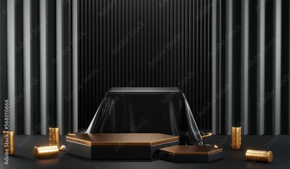 3d render of abstract realistic studio room with Luxury round pedestal stand podium with golden glitter in shape backdrop. Luxury black friday sale scene for product display presentation background 3d render of abstract realistic studio room with Luxury round pedestal stand podium with golden glitter in shape backdrop. Luxury black friday sale scene for product display presentation background