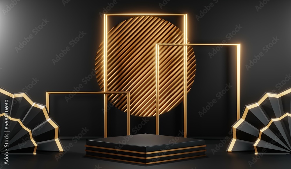 3d render of abstract realistic studio room with Luxury round pedestal stand podium with golden glitter in shape backdrop. Luxury black friday sale scene for product display presentation background 3d render of abstract realistic studio room with Luxury round pedestal stand podium with golden glitter in shape backdrop. Luxury black friday sale scene for product display presentation background