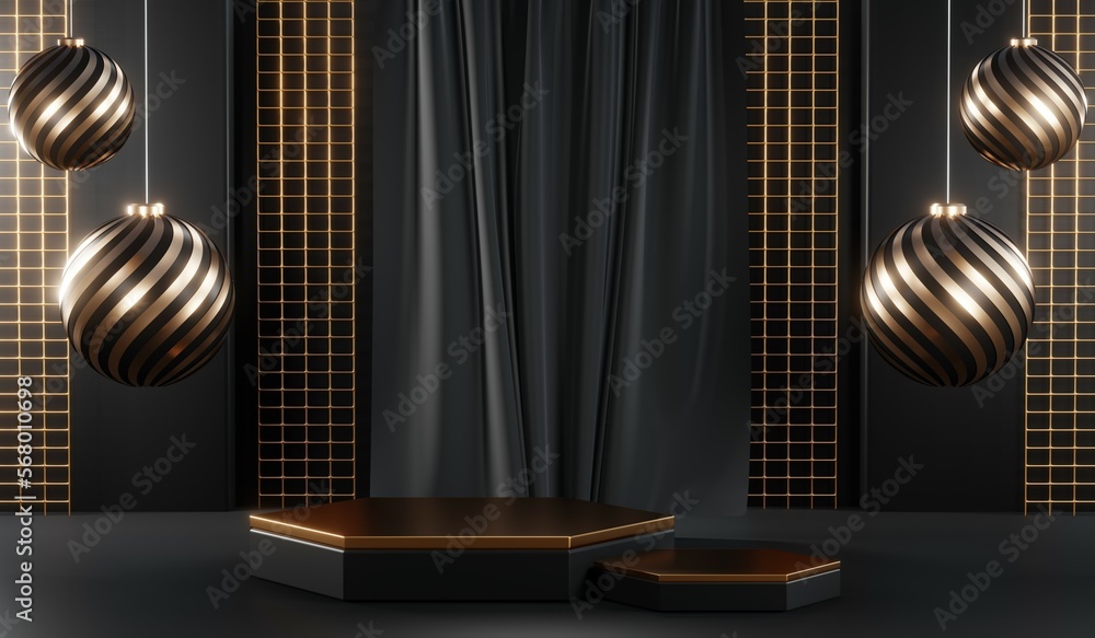 3d render of abstract realistic studio room with Luxury round pedestal stand podium with golden glitter in shape backdrop. Luxury black friday sale scene for product display presentation background 3d render of abstract realistic studio room with Luxury round pedestal stand podium with golden glitter in shape backdrop. Luxury black friday sale scene for product display presentation background