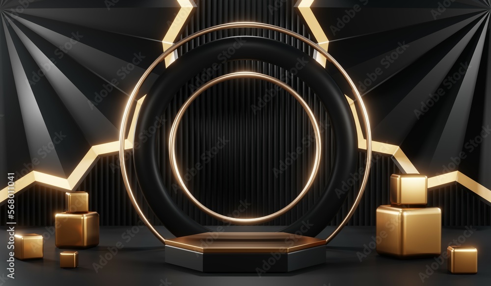 3d render of abstract realistic studio room with Luxury round pedestal stand podium with golden glitter in shape backdrop. Luxury black friday sale scene for product display presentation background