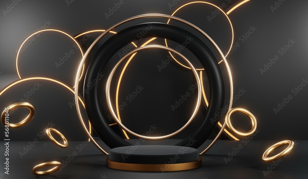 3d render of abstract realistic studio room with Luxury round pedestal stand podium with golden glitter in shape backdrop. Luxury black friday sale scene for product display presentation background 3d render of abstract realistic studio room with Luxury round pedestal stand podium with golden glitter in shape backdrop. Luxury black friday sale scene for product display presentation background