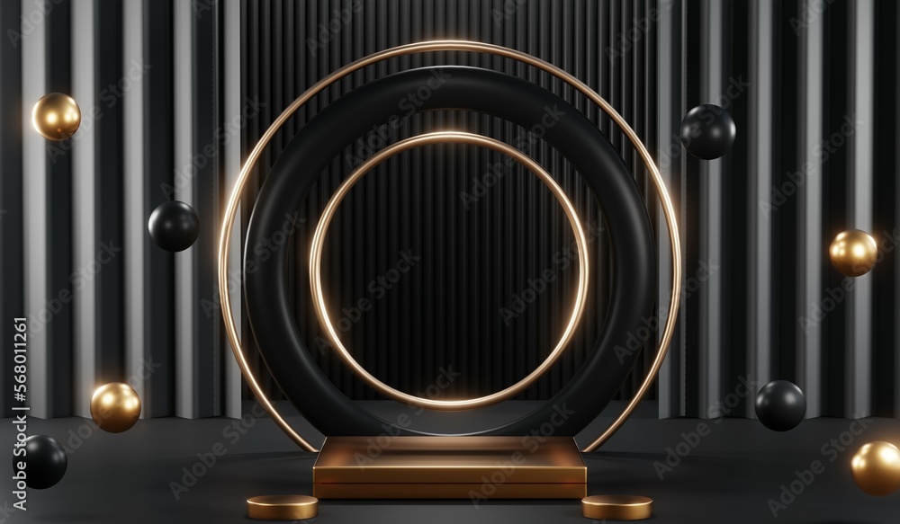 3d render of abstract realistic studio room with Luxury round pedestal stand podium with golden glitter in shape backdrop. Luxury black friday sale scene for product display presentation background 3d render of abstract realistic studio room with Luxury round pedestal stand podium with golden glitter in shape backdrop. Luxury black friday sale scene for product display presentation background