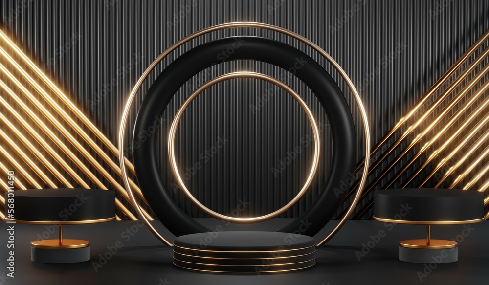 3d render of abstract realistic studio room with Luxury round pedestal stand podium with golden glitter in shape backdrop. Luxury black friday sale scene for product display presentation background 3d render of abstract realistic studio room with Luxury round pedestal stand podium with golden glitter in shape backdrop. Luxury black friday sale scene for product display presentation background