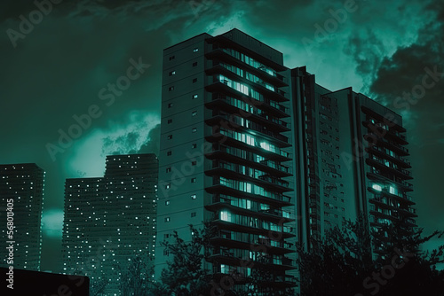 Modern residential buildings at night. Generative AI. photo