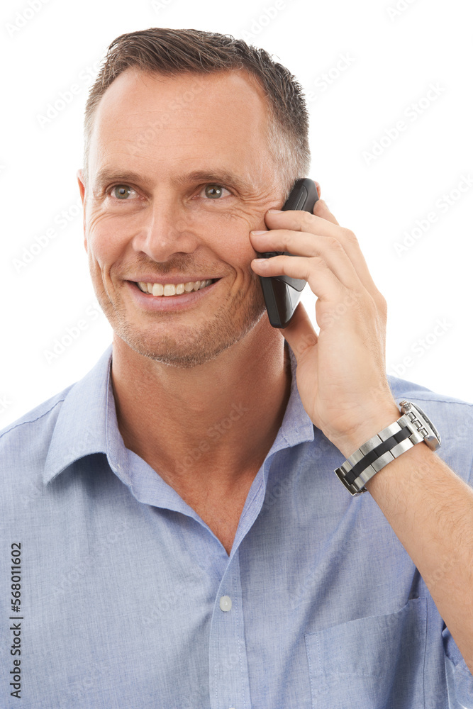 Man, phone call and conversation for business, smile and planning with guy isolated on white studio background. Male, employee and happy consultant with smartphone, talking and connection on backdrop Man, phone call and conversation for business, smile and planning with guy isolated on white studio background. Male, employee and happy consultant with smartphone, talking and connection on backdrop