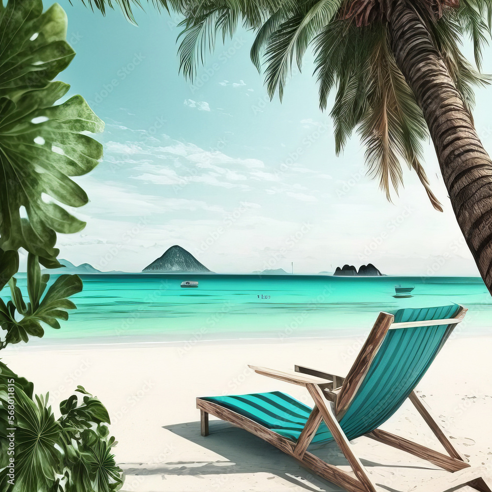 Tropical beach with lounger and sea(Generative KI)