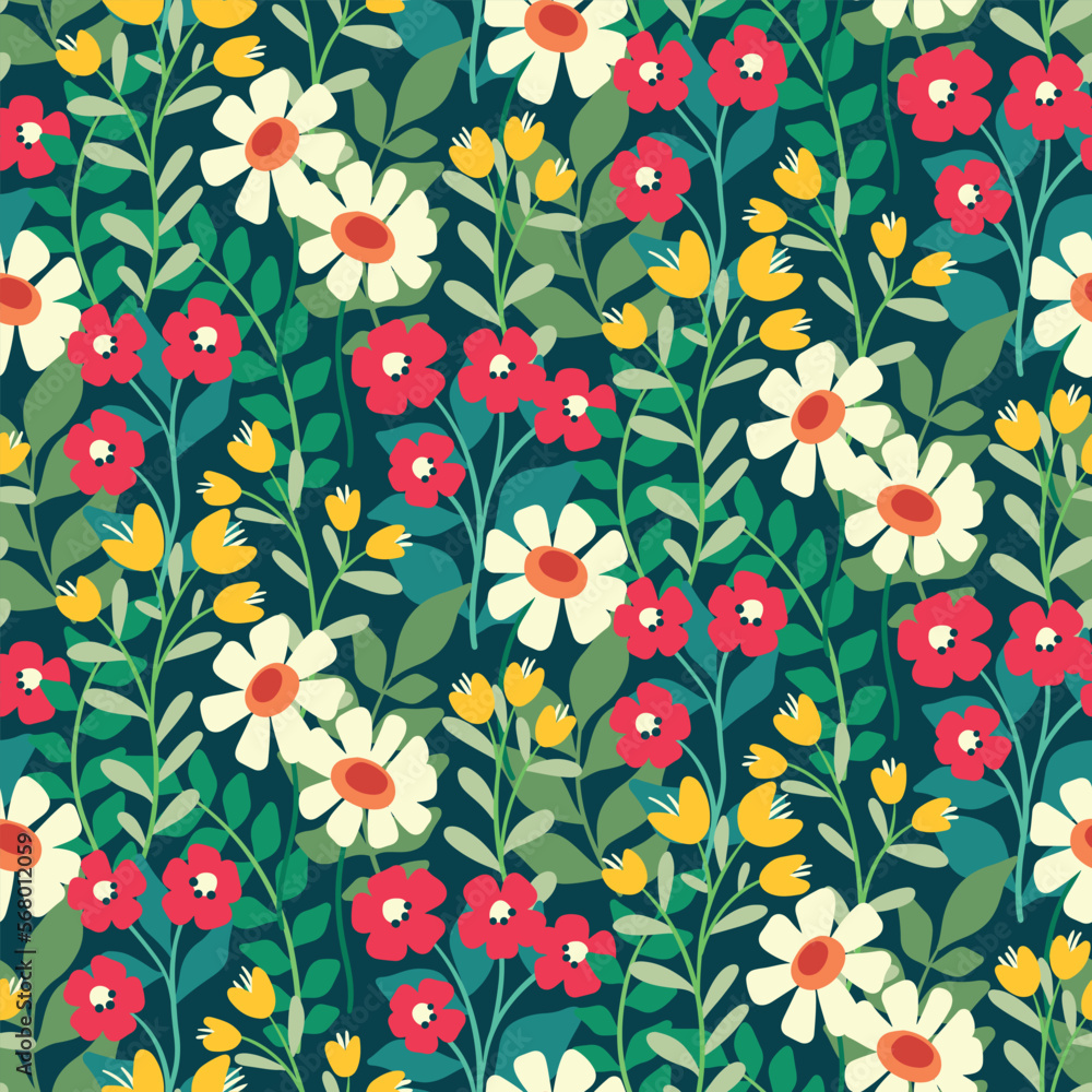 Hand drawn ditsy flower field seamless pattern, cute floral