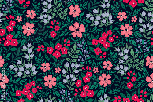 Seamless floral pattern, cute ditsy print with ornate decorative garden with folk motif. Beautiful botanical background with hand drawn wild plants: small flowers, herbs, leaves. Vector illustration.