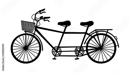 Dual drive classic transport for healthy lifestyle. Tandem bike, black silhouette. Steel double seater bike isolated on white background. Family or couple cooperation. Flat vector illustration
