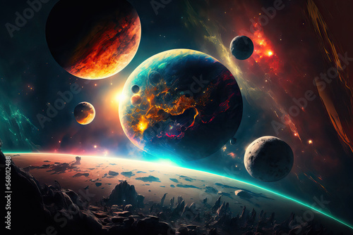 2D illustration enormous, deep space bright planets, moons, and stars. various imaginative science fiction settings. art in space. unknown solar systems. distant location. Deep universe in the backgro