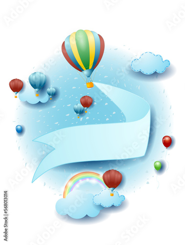Landscape with hot air balloon and blank banner, fantasy illustration. Vector eps10 photo