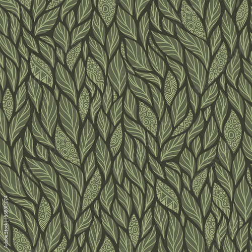 Abstract Seamless Pattern with Floral Motifs. Endless Texture with Hand Drawn Leaves. Nature Inspired Abstract Elements. Fabric Textile, Wrapping Paper, Wallpaper. Vector Contour Illustration