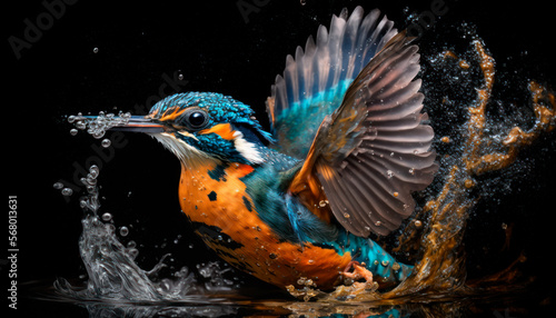 close portrait of a kingfisher bird fishing in the water with splashes, generative ai