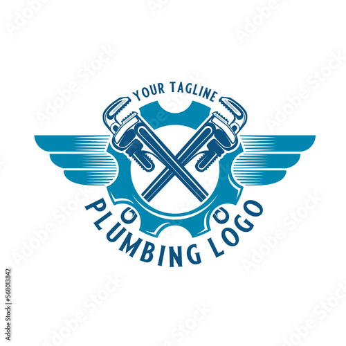 pipe repair vector logo design. the concept of a wrench that can be adjusted with a water faucet icon, for plumbing repairs and home maintenance.