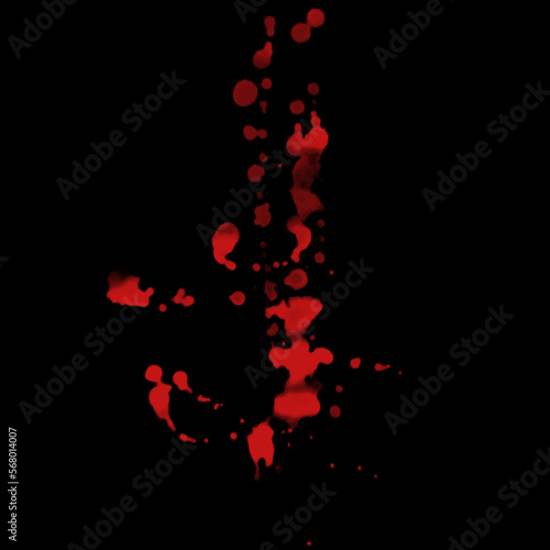 Blood splatter, horror background. Blood splash overlays on black background for art design. Royalty high-quality stock photo of abstract drops brush for painting, Watercolor brush, ink, blood stain