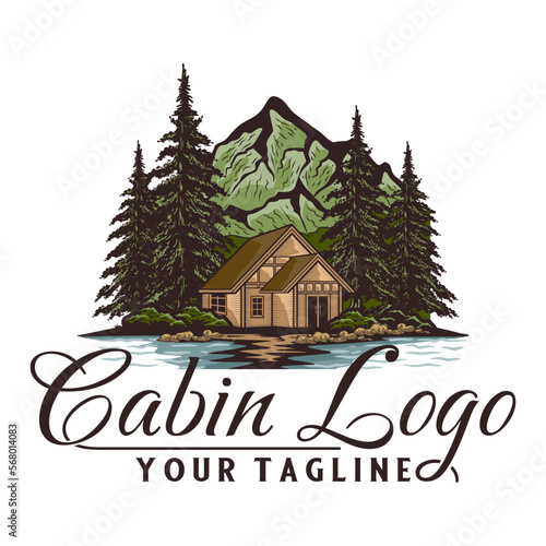 classic cabin home logo design. vector, mountain, log house. very suitable for vacation, inn and recreation