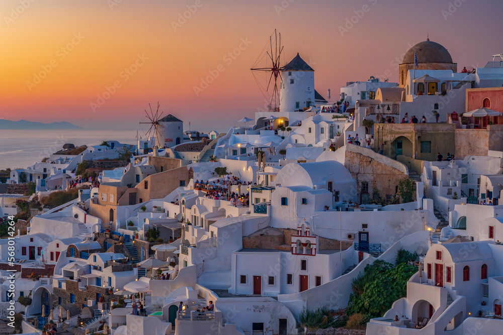 The picturesque village of Oia at dusk, Santorini island GR