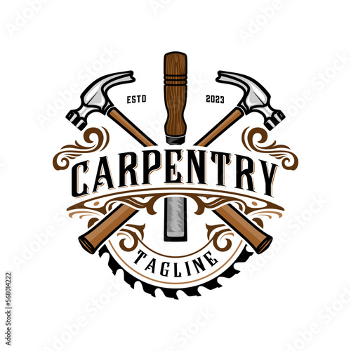 woodworking logo. chisels and hammers with ornaments, carpenter's symbols, for carpentry or furniture